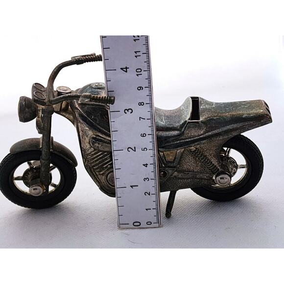 NOVELTY COIN BANK-Pewter Motorcycle-Rubber Tires-Stands Up On Stand - Picture 11 of 12